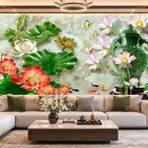 Tranh dán tường giả ngọc bình gốm hoa sen phòng khách 10693