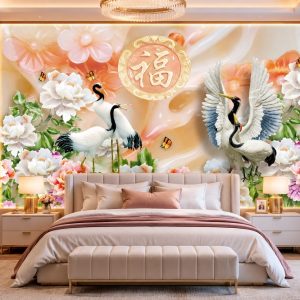 Tranh dán tường giả ngọc chim hạc hoa mẫu đơn phòng ngủ 30091