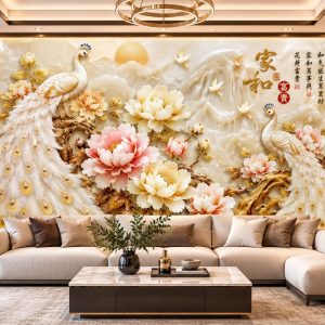 Tranh dán tường giả ngọc đôi chim công hoa mẫu đơn phòng khách 30445