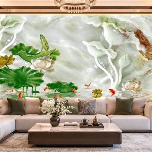 Tranh dán tường giả ngọc hoa sen cá koi phòng khách 32508