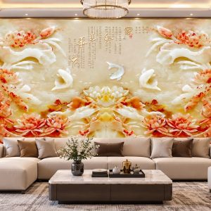 Tranh dán tường giả ngọc thiên nga hoa sen phòng khách 32479