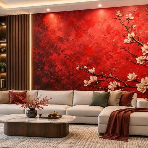 Tranh dán tường hoa đào nền đỏ lệch bố cục phòng khách ab718987159