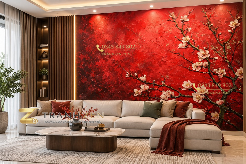Tranh dán tường hoa đào nền đỏ lệch bố cục phòng khách ab718987159