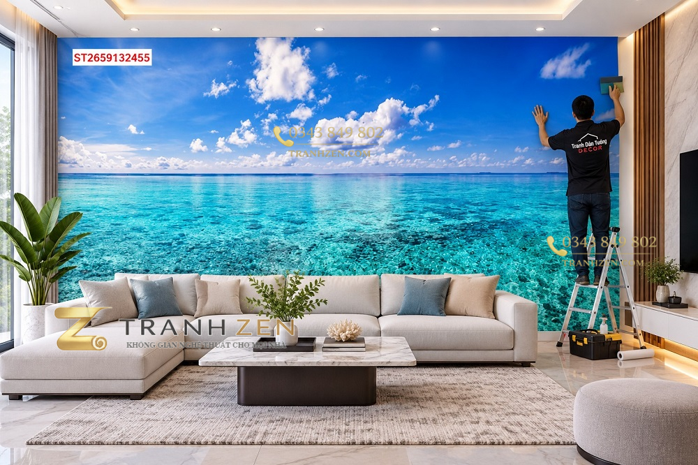 Tranh dán tường khổ lớn phòng khách biển xanh bầu trời trong st2659132455