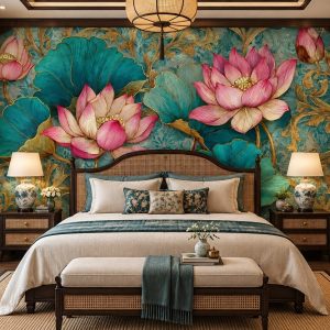 Tranh dán tường phong cách indochine phòng ngủ hoa sen nghệ thuật ab1688396485