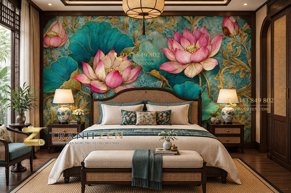 Tranh dán tường phong cách indochine phòng ngủ hoa sen nghệ thuật ab1688396485