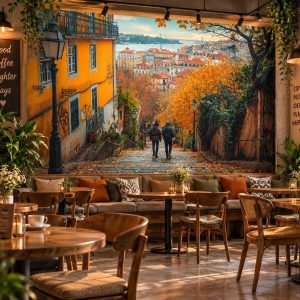Tranh dán tường phong cảnh phố châu âu mùa thu quán cafe ab843968954