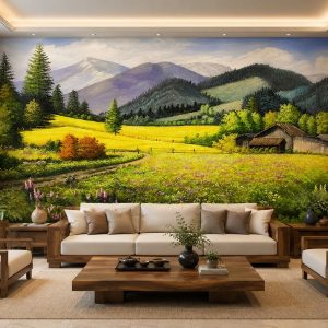 Tranh dán tường phong cảnh phòng khách đồi núi đồng cỏ hoa 10446