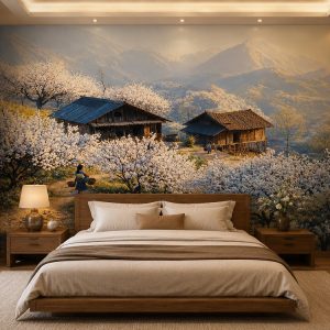 Tranh dán tường phòng ngủ phong cảnh mùa hoa trắng vùng cao 10514