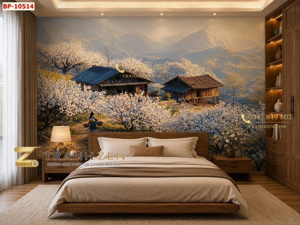 Tranh dán tường phòng ngủ phong cảnh mùa hoa trắng vùng cao 10514