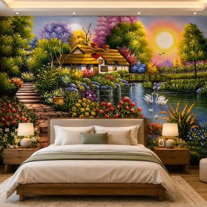 Tranh dán tường phòng ngủ phong cảnh ngôi nhà bên hồ hoa 10567