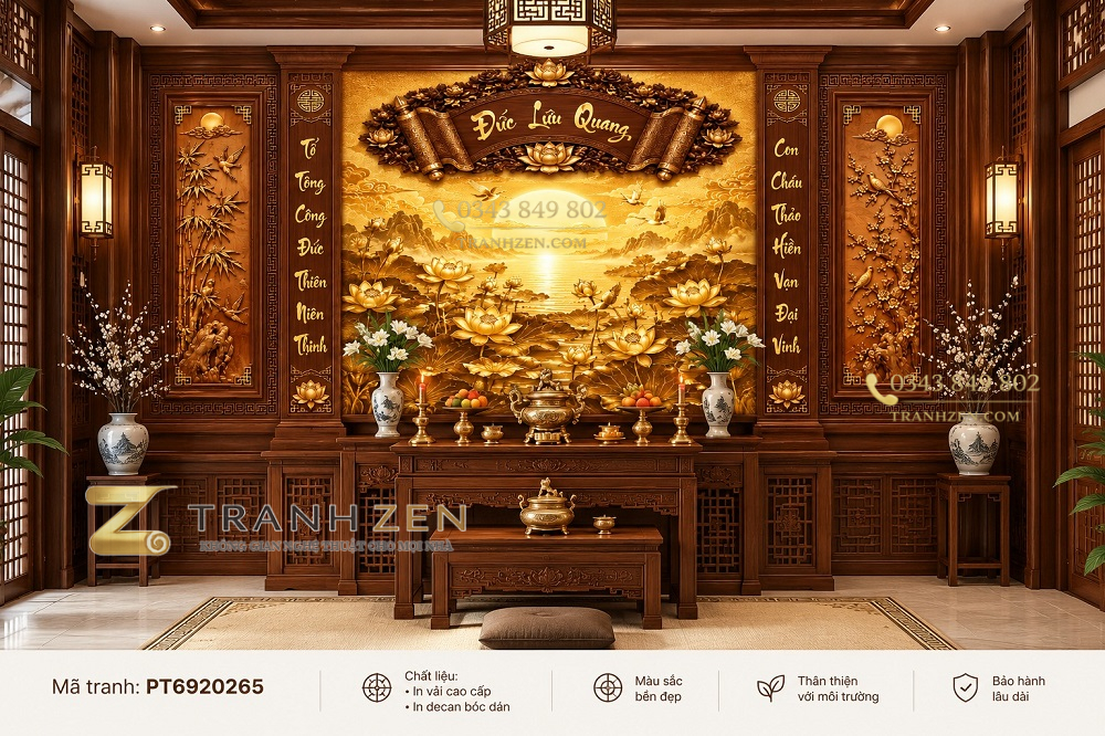 Tranh dán tường phòng thờ đức lưu quang phong cảnh hoa sen pt6920265