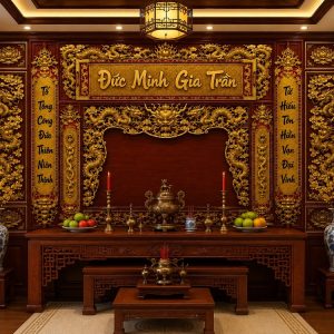 Tranh dán tường phòng thờ đức minh gia trần rồng vàng dát kim pt2920264