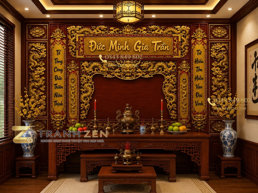 Tranh dán tường phòng thờ đức minh gia trần rồng vàng dát kim pt2920264