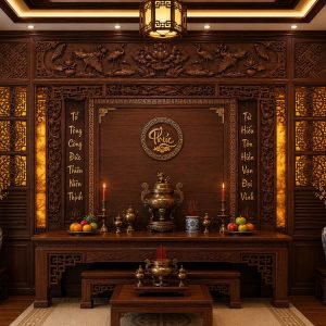 Tranh dán tường phòng thờ phúc đức gia tộc gỗ nâu ánh kim pt29202610