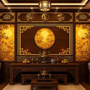 Tranh dán tường phòng thờ phúc lộc thọ hoa sen trăng trúc pt29202614