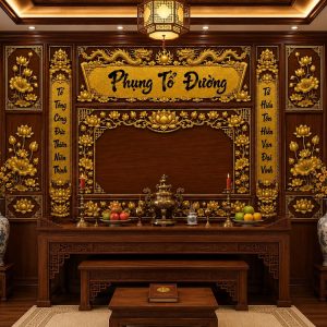 Tranh dán tường phòng thờ phụng tổ đường hoa sen dát vàng pt2920263