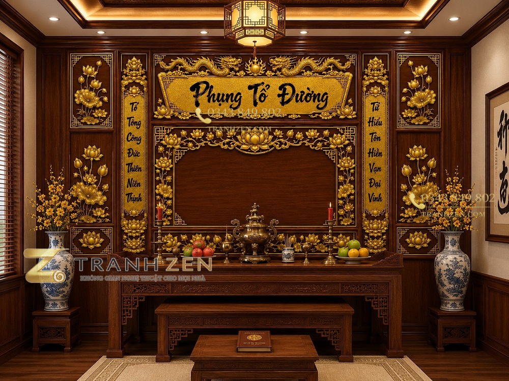 Tranh dán tường phòng thờ phụng tổ đường hoa sen dát vàng pt2920263
