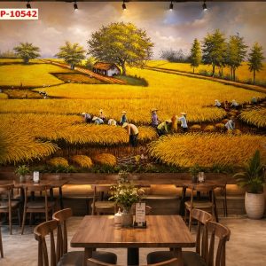 Tranh dán tường quán cafe cánh đồng lúa mùa gặt vàng 10542