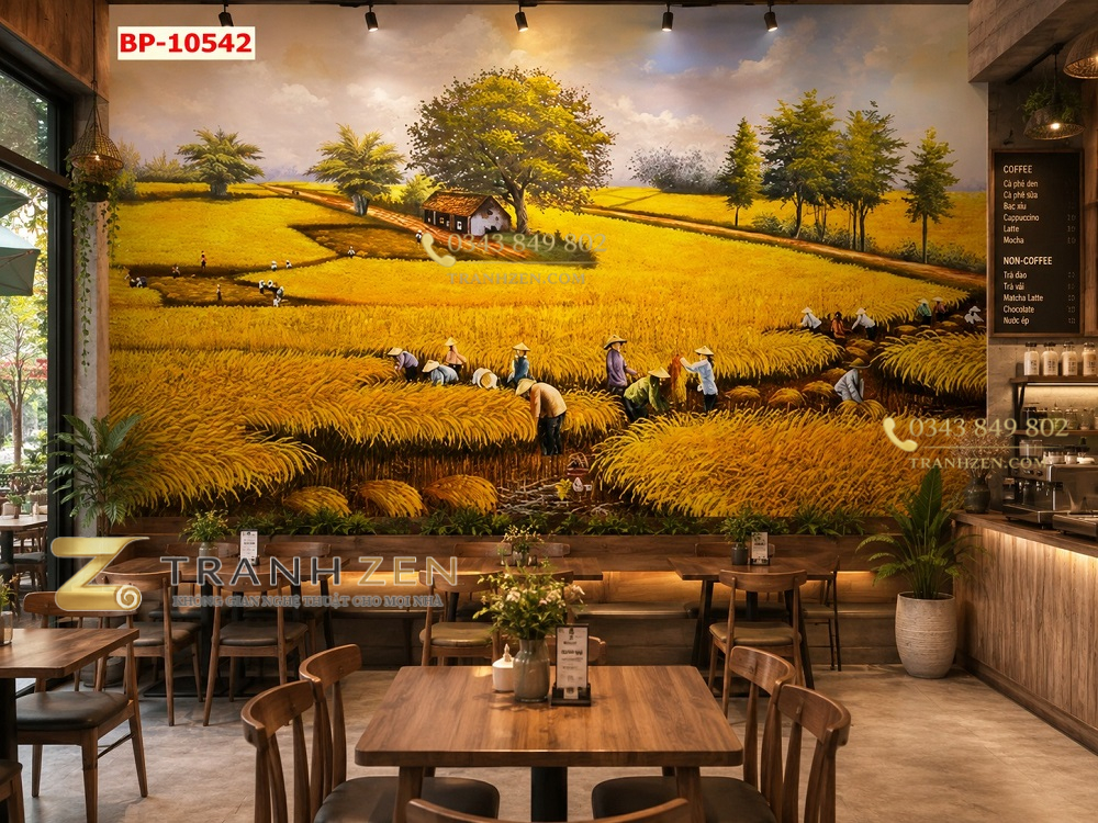 Tranh dán tường quán cafe cánh đồng lúa mùa gặt vàng 10542
