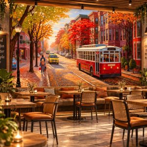 Tranh dán tường quán cafe phố mùa thu ab846858890
