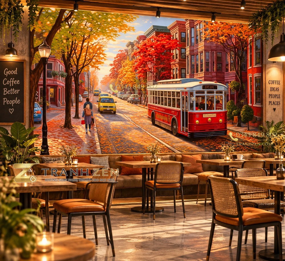 Tranh dán tường quán cafe phố mùa thu ab846858890