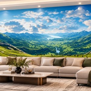 Tranh dán tường sau sofa phong cảnh thung lũng núi xanh phòng khách ab664277228