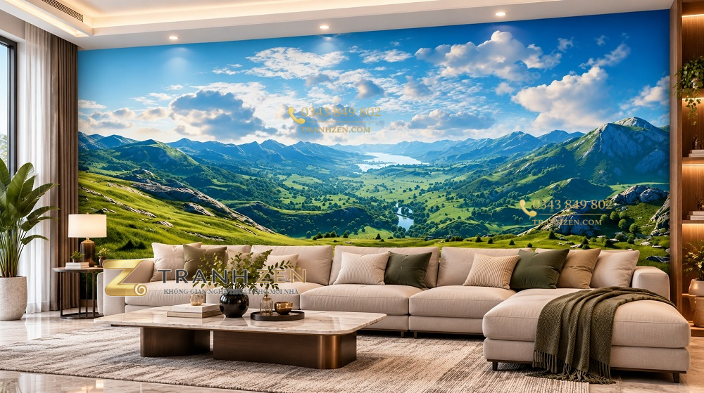Tranh dán tường sau sofa phong cảnh thung lũng núi xanh phòng khách ab664277228