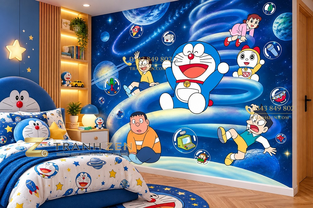 Tranh dán tường trẻ em doraemon khám phá vũ trụ phòng bé doraemon20264