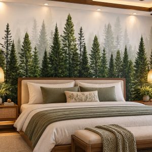 Tranh hàng cây thông xanh trong sương phòng ngủ vợ chồng ab300871085