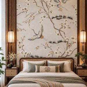 Tranh hoa mai chim hạc phong cách indochine khổ dọc phòng ngủ vợ chồng ab1456055393