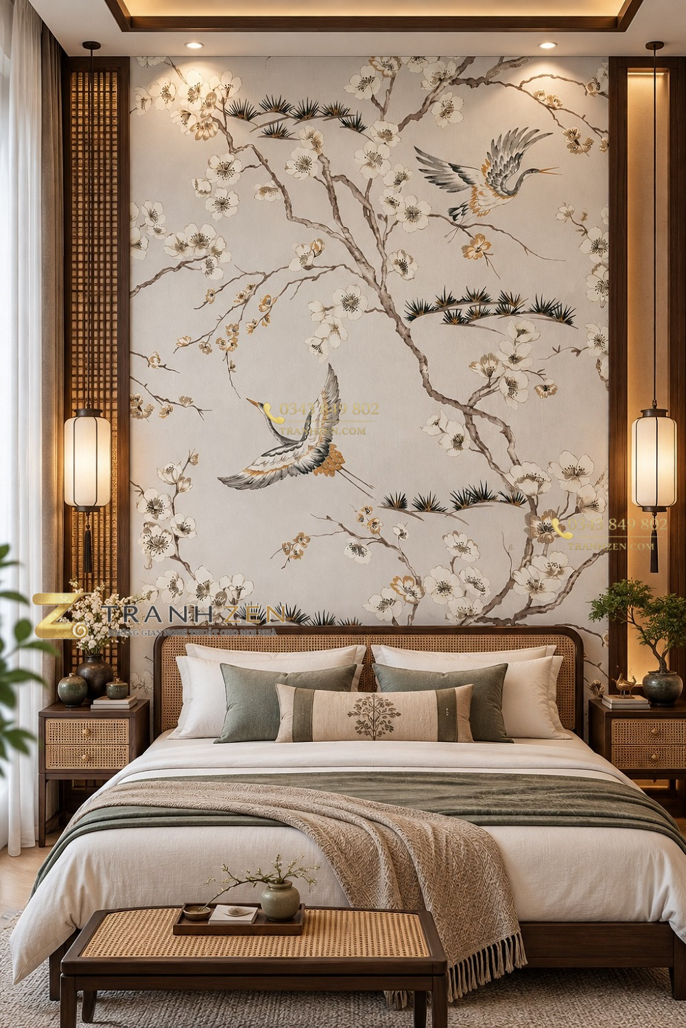 Tranh hoa mai chim hạc phong cách indochine khổ dọc phòng ngủ vợ chồng ab1456055393