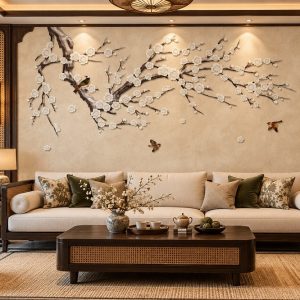 Tranh hoa mai trắng chim hạc phong cách indochine dán phòng khách ab1512427567