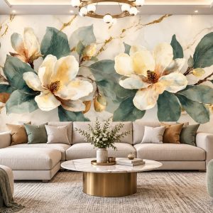 Tranh hoa mộc lan dán tường phòng khách hoa trắng lá xanh phong cách hiện đại ab1719827942