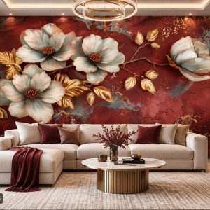 Tranh hoa mộc lan dán tường phòng khách nền đỏ rượu vang sang trọng ab783052545
