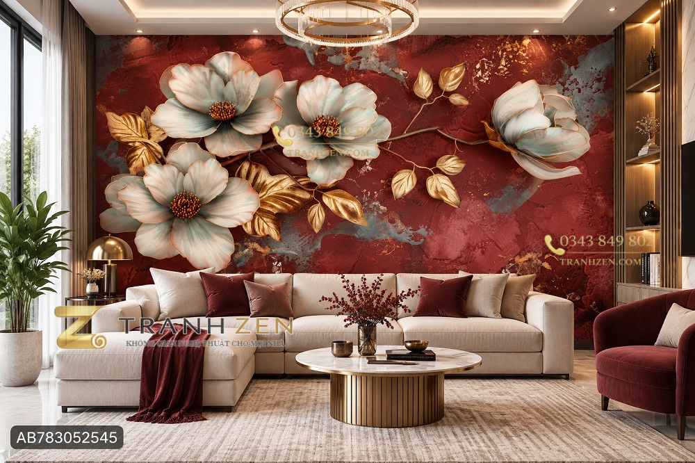 Tranh hoa mộc lan dán tường phòng khách nền đỏ rượu vang sang trọng ab783052545