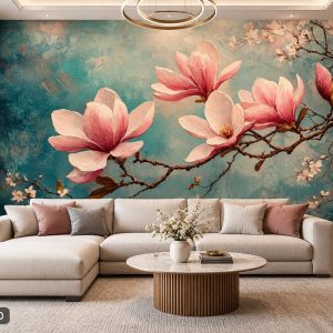 Tranh hoa mộc lan dán tường phòng khách sắc hoa hồng trên nền xanh ab1354583950