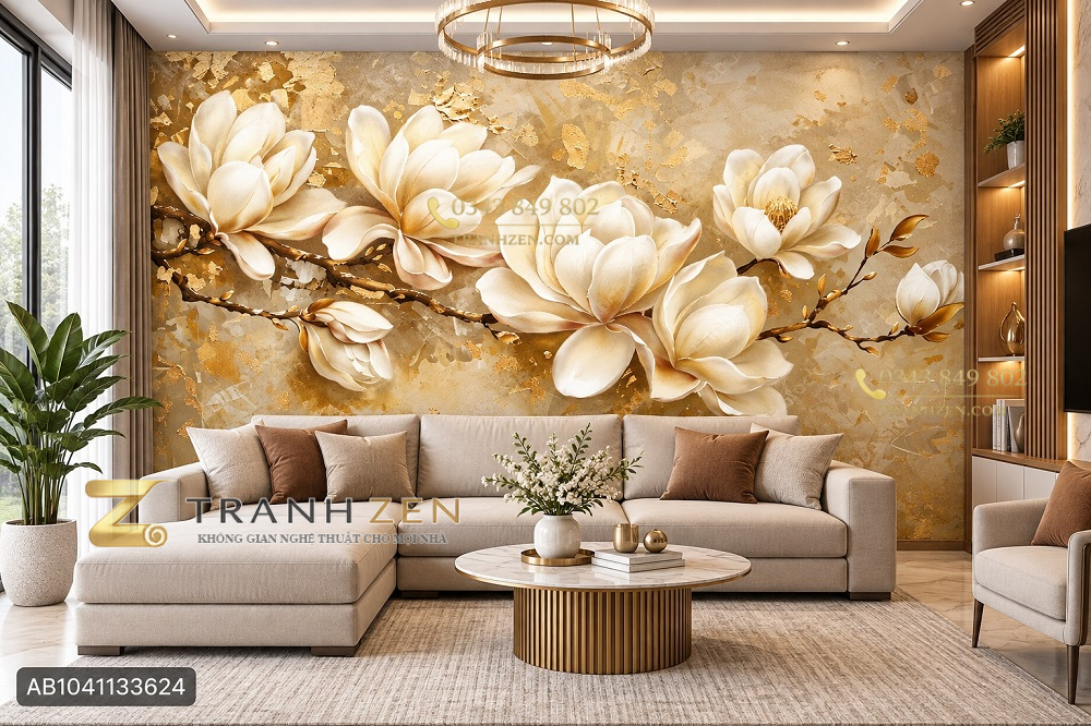 Tranh hoa mộc lan dán tường phòng khách sắc vàng nghệ thuật sang trọng ab1041133624