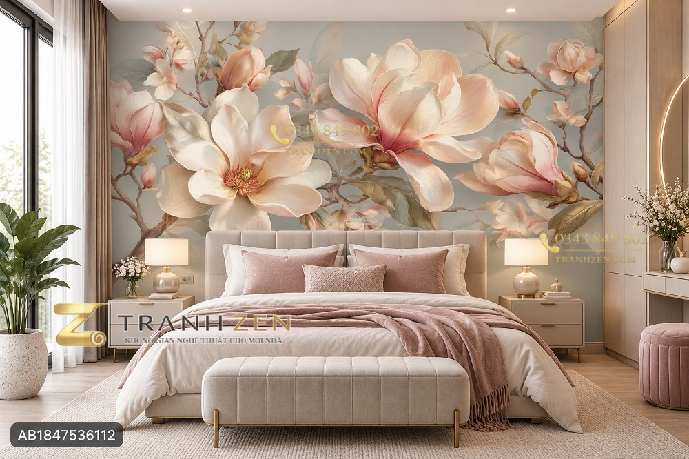 Tranh hoa mộc lan dán tường phòng ngủ sắc hoa pastel thanh lịch ab1847536112