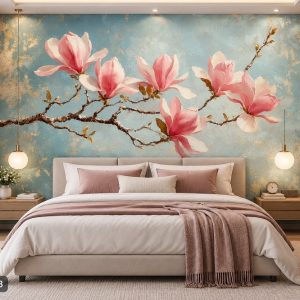 Tranh hoa mộc lan dán tường phòng ngủ sắc hồng nghệ thuật ab1354583318