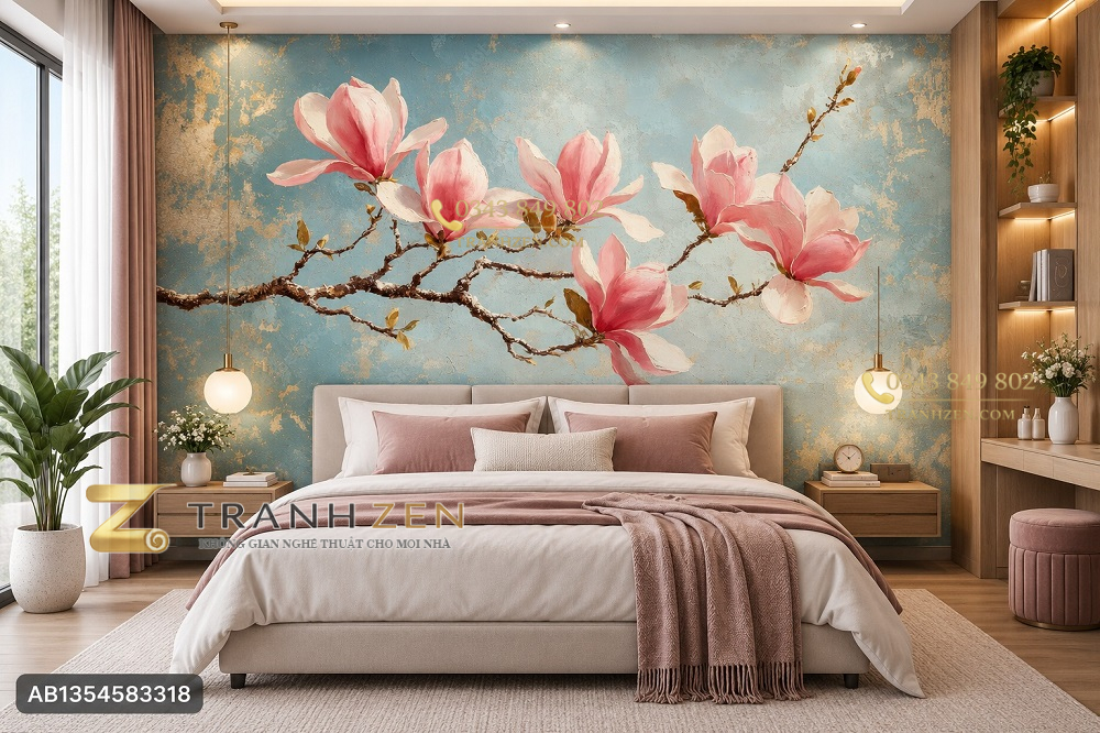 Tranh hoa mộc lan dán tường phòng ngủ sắc hồng nghệ thuật ab1354583318