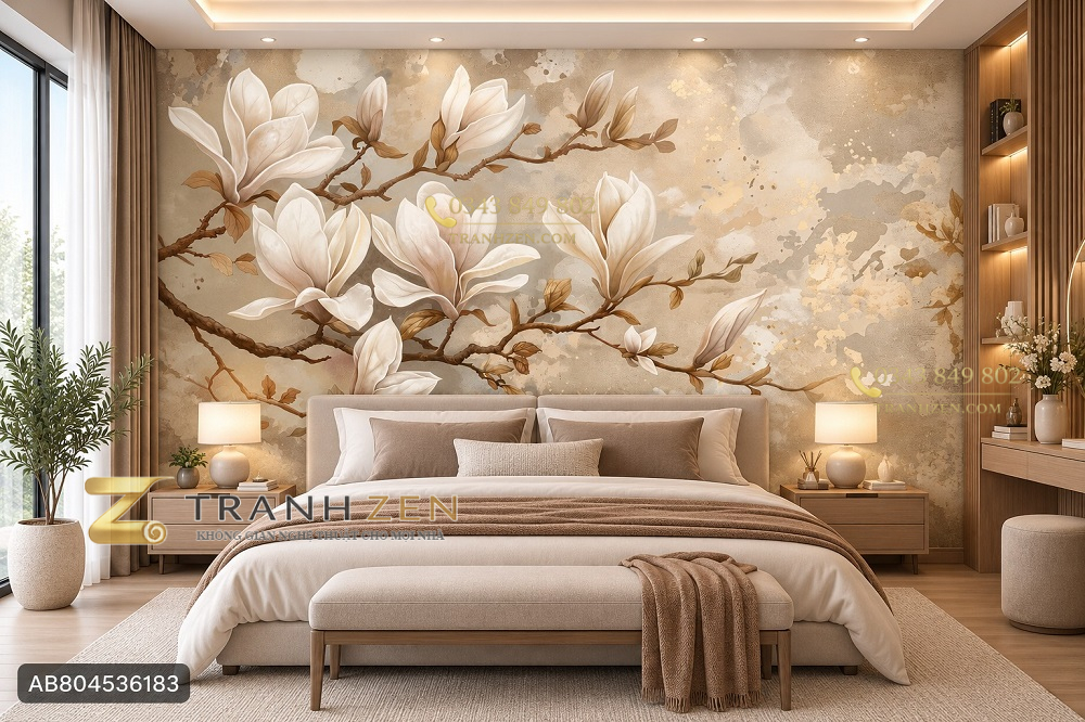 Tranh hoa mộc lan dán tường phòng ngủ tông be trang nhã ab804536183