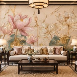 Tranh hoa sen dán tường phòng khách phong cách indochine nghệ thuật ab1560690769