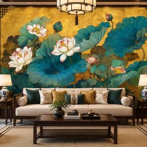 Tranh hoa sen dán tường phòng khách phong cách indochine nghệ thuật ab1944950566