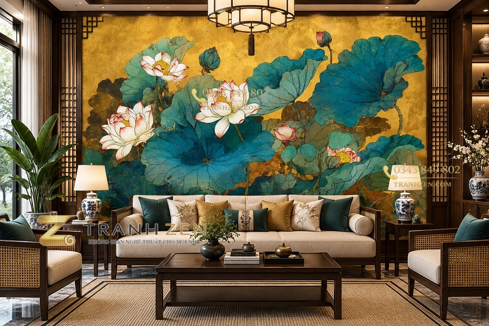 Tranh hoa sen dán tường phòng khách phong cách indochine nghệ thuật ab1944950566