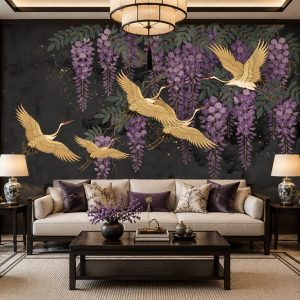 Tranh hoa tử đằng chim hạc dán tường phòng khách phong cách indochine ab2178823518