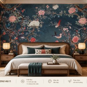 Tranh indochine dán tường phòng ngủ chim hoa mẫu đơn nền xanh ab609614611
