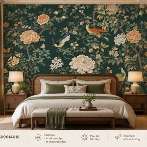 Tranh indochine dán tường phòng ngủ chim hoa mẫu đơn nền xanh ab609614618