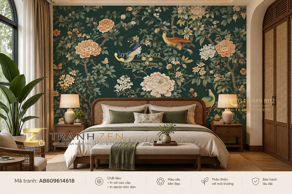 Tranh indochine dán tường phòng ngủ chim hoa mẫu đơn nền xanh ab609614618