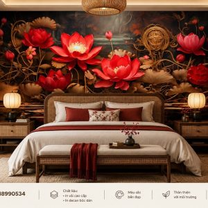 Tranh indochine dán tường phòng ngủ hoa sen đỏ nghệ thuật ab718990534